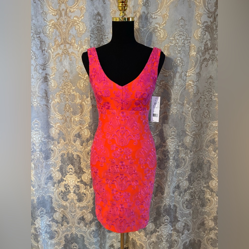Nicole Miller Pink and Orange Fitted Embroidered V-Neck Sheath Dress NWT 4